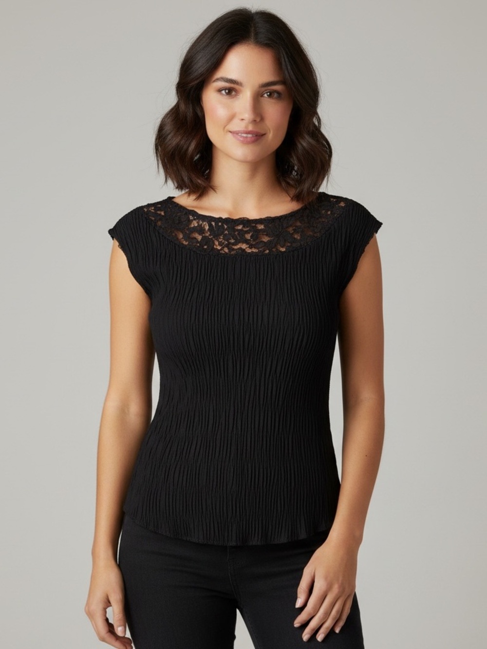 Dressbarn | Black crinkle cap sleeve top lace trim blouse shirt size small